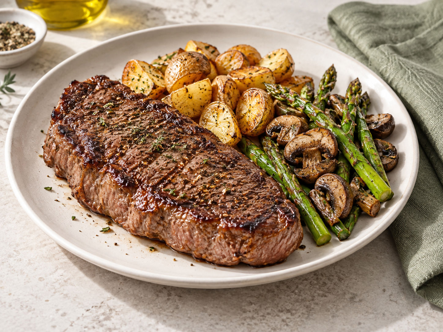 Plato abundante de carne a la parrilla con espárragos, hongos y papas asadas
