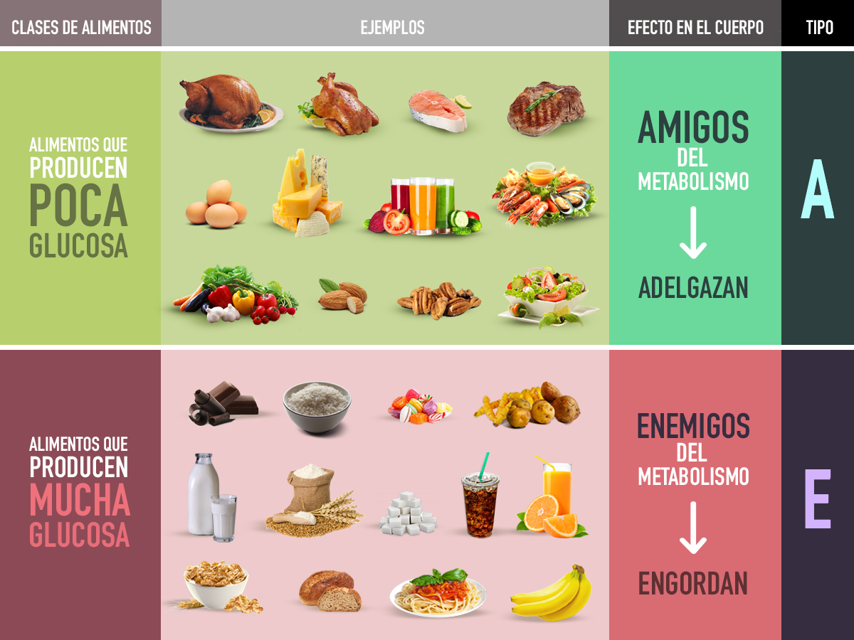 Tabla de alimentos Tipo A, amigos del metabolismo, y Tipo E, alimentos que producen mucha glucosa